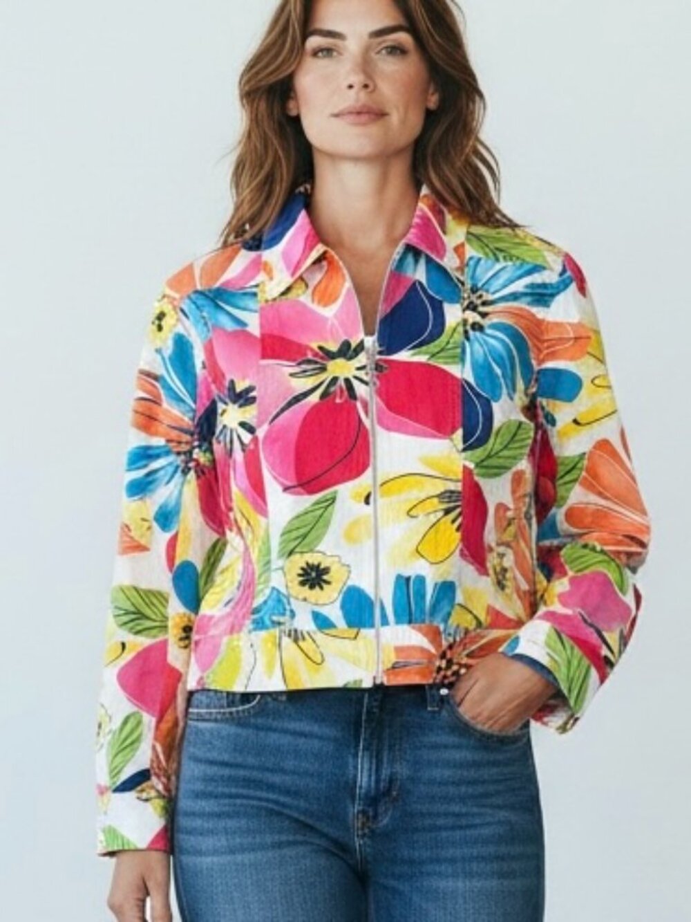 Coldwater Creek Jacket Women’s Size 14 Full Zip Bright Floral‎ Lng Sleeve Denim